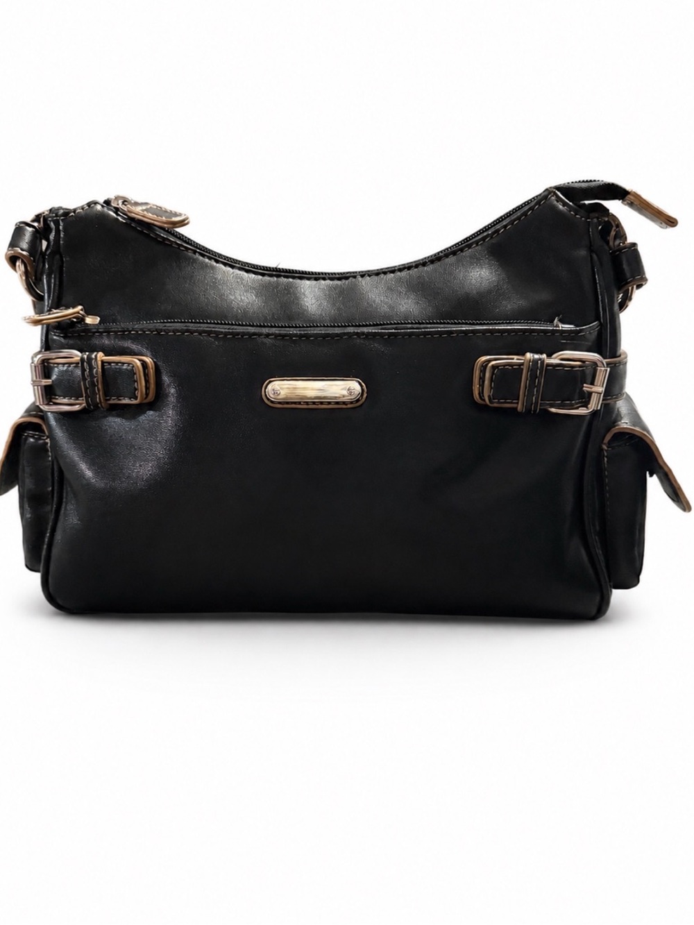 Black Multi Pocket Shoulder Bag Purse Tan Trim Silver Hardware